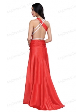 Asymmetrical Column Red Ruche Prom Dress with Sweep Train