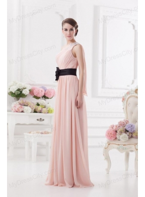 Baby Pink Empire One Shoulder Prom Dress with Ruching and Handle Made Flower