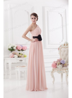 Baby Pink Empire One Shoulder Prom Dress with Ruching and Handle Made Flower