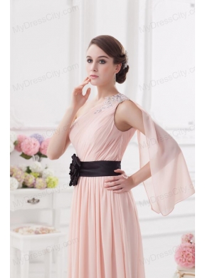 Baby Pink Empire One Shoulder Prom Dress with Ruching and Handle Made Flower