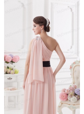 Baby Pink Empire One Shoulder Prom Dress with Ruching and Handle Made Flower