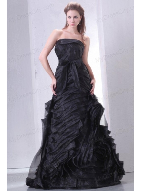 Black A-line Strapless Prom Dress with Layers and Sash