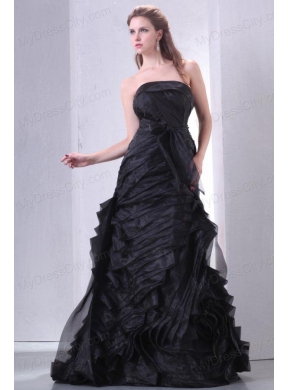 Black A-line Strapless Prom Dress with Layers and Sash