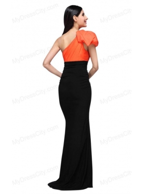 Black and Orange One Shoulder Column High Silt Prom Dress with Train