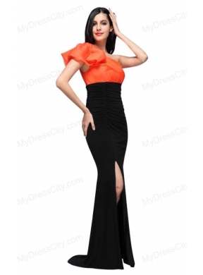 Black and Orange One Shoulder Column High Silt Prom Dress with Train