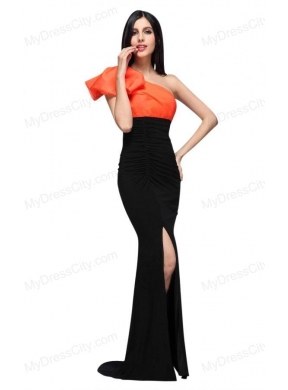 Black and Orange One Shoulder Column High Silt Prom Dress with Train