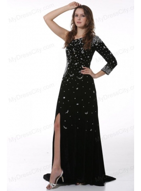 Black Beaded High Slit One Shoulder Prom Dress with 3/4 Length Sleeves