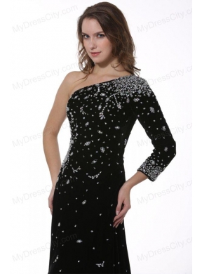 Black Beaded High Slit One Shoulder Prom Dress with 3/4 Length Sleeves