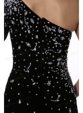 Black Beaded High Slit One Shoulder Prom Dress with 3/4 Length Sleeves