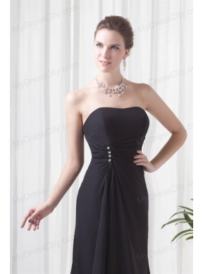 Black Column Strapless Brush Train Ruching Prom Dress with Lace Up