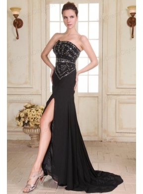 Black Strapless Beading and High Silt Empire Sweep Train Prom Dress