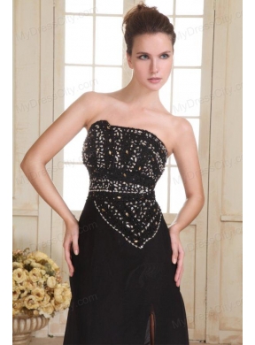 Black Strapless Beading and High Silt Empire Sweep Train Prom Dress