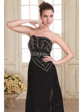 Black Strapless Beading and High Silt Empire Sweep Train Prom Dress