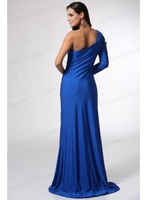 Blue Long Sleeve One Shoulder Prom Dress with High Slit