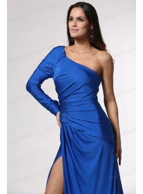 Blue Long Sleeve One Shoulder Prom Dress with High Slit