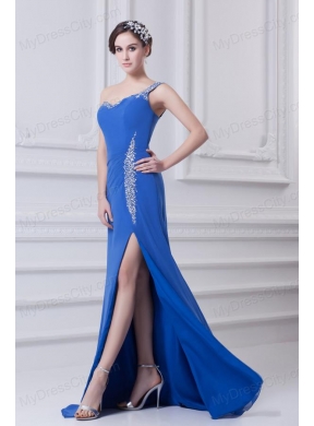 Blue One Shoulder Column Prom Dress with Beading and High Slit