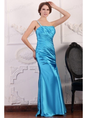 Blue One Shoulder Prom Dress with Beading and Ruching