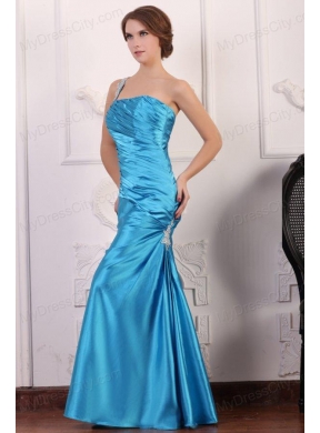 Blue One Shoulder Prom Dress with Beading and Ruching