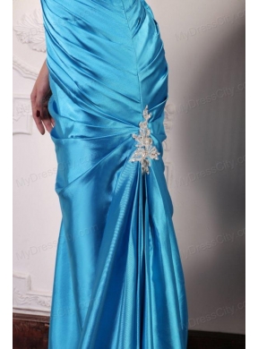 Blue One Shoulder Prom Dress with Beading and Ruching