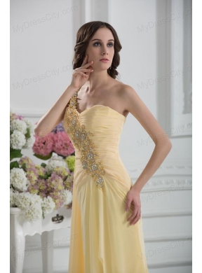 Bowknot Sweetheart Empire Watteau Train Prom Dress in Gold