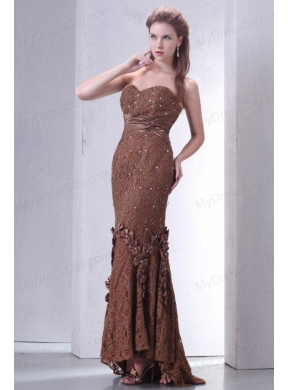 Brown Mermaid Sweetheart Prom Dress with Lace and Flowers