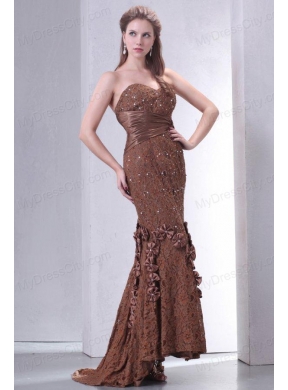 Brown Mermaid Sweetheart Prom Dress with Lace and Flowers