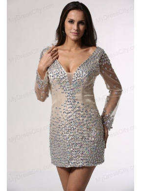 Champagne Column V-neck Long Sleeves Prom Dress with Beading