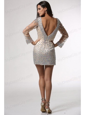 Champagne Column V-neck Long Sleeves Prom Dress with Beading