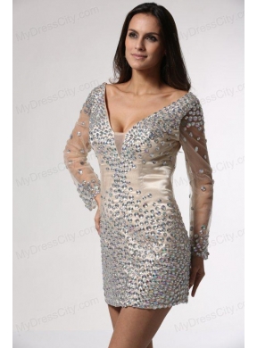 Champagne Column V-neck Long Sleeves Prom Dress with Beading