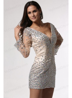 Champagne Column V-neck Long Sleeves Prom Dress with Beading