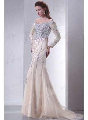 Champagne Off The Shoulder Column Beading Prom Dress with Long Sleeves