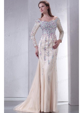 Champagne Off The Shoulder Column Beading Prom Dress with Long Sleeves