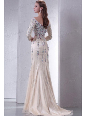 Champagne Off The Shoulder Column Beading Prom Dress with Long Sleeves