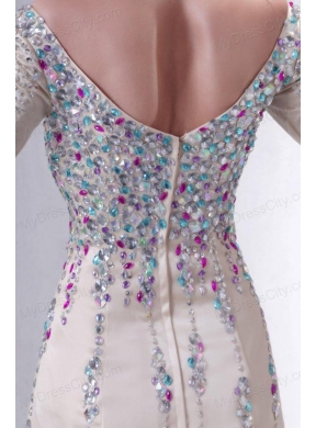 Champagne Off The Shoulder Column Beading Prom Dress with Long Sleeves