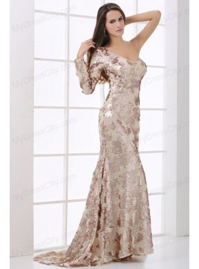 Champagne One Shoulder Lace Long Sleeve Prom Dress with Sequins