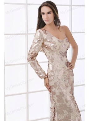 Champagne One Shoulder Lace Long Sleeve Prom Dress with Sequins