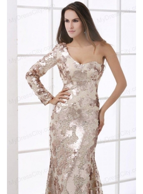 Champagne One Shoulder Lace Long Sleeve Prom Dress with Sequins