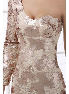 Champagne One Shoulder Lace Long Sleeve Prom Dress with Sequins