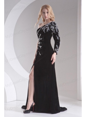 Column Black One Shoulder Beading High Slit Special Fabric Prom Dress