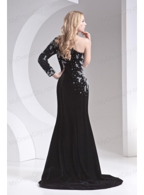 Column Black One Shoulder Beading High Slit Special Fabric Prom Dress