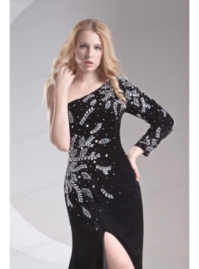 Column Black One Shoulder Beading High Slit Special Fabric Prom Dress