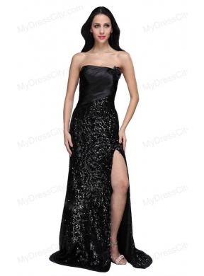 Column Black Strapless Sequins High Slit Brush Train Prom Dress