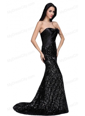 Column Black Strapless Sequins High Slit Brush Train Prom Dress