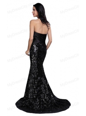 Column Black Strapless Sequins High Slit Brush Train Prom Dress