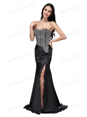 Column Black Sweetheart Beading Chiffon Brush Train Prom Dress