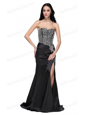 Column Black Sweetheart Beading Chiffon Brush Train Prom Dress