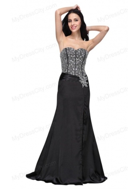 Column Black Sweetheart Beading Chiffon Brush Train Prom Dress