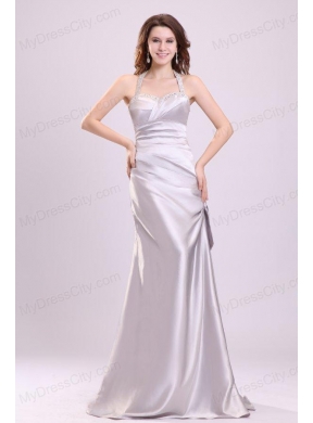 Column Gray Ruching Beading Halter Top Floor-length Prom Dress