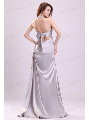 Column Gray Ruching Beading Halter Top Floor-length Prom Dress