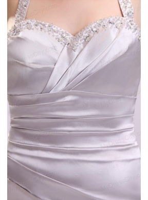 Column Gray Ruching Beading Halter Top Floor-length Prom Dress